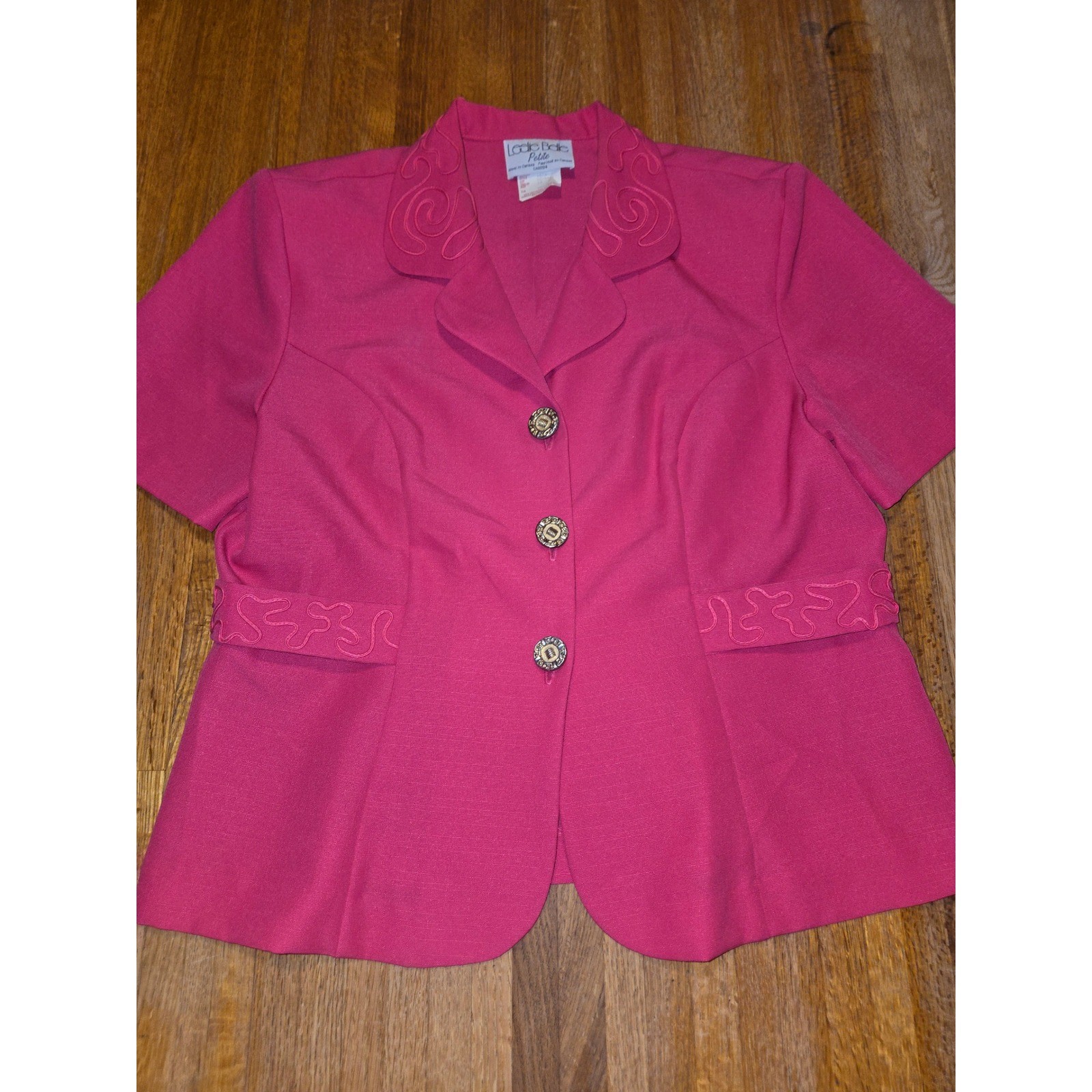 Leslie Belle Women 14 Petite Hot Pink Soutache Trim Short Sleeve Blazer Vintage