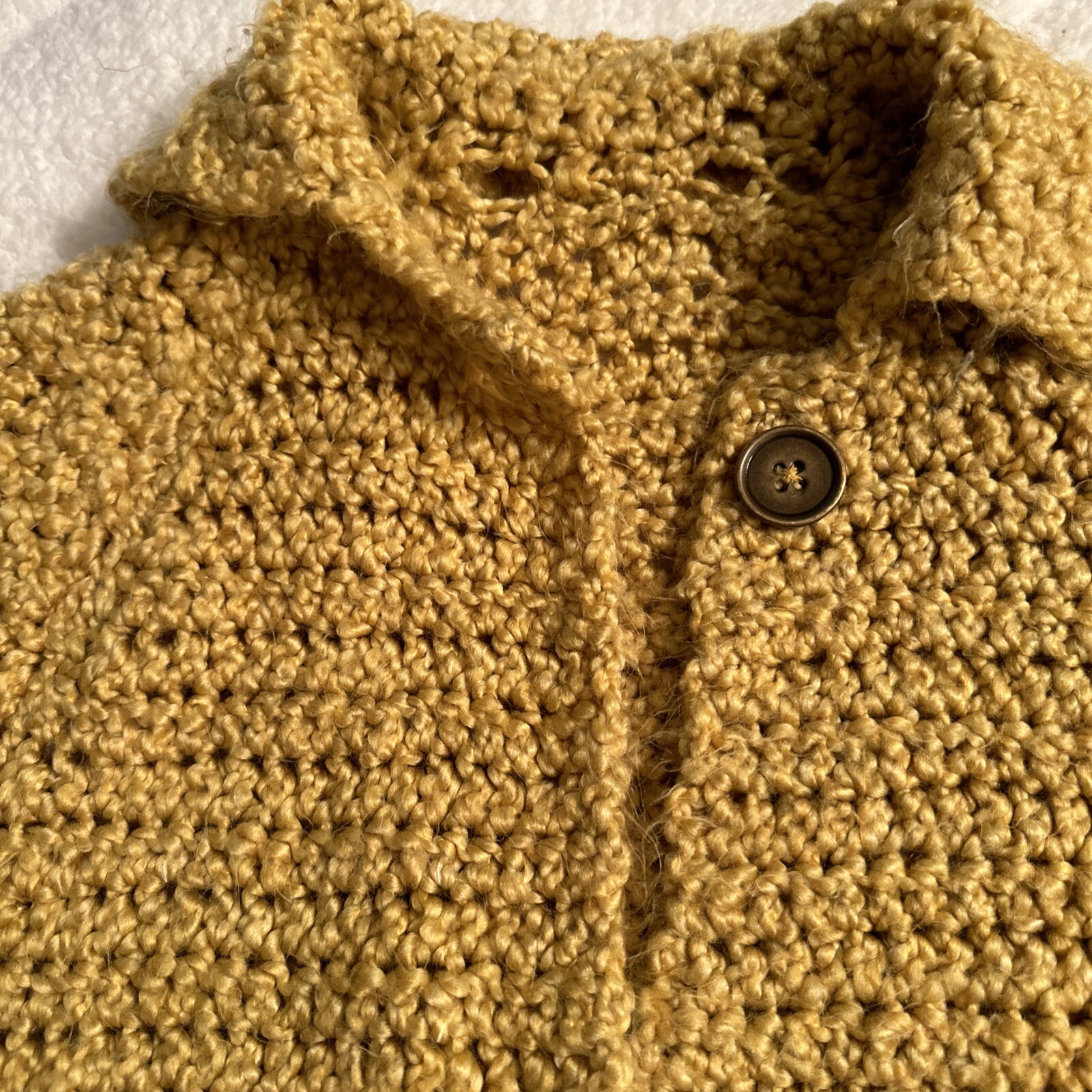 Vintage Mustard Yellow Crocheted Cardigan Boho Grandma Chic 20” Soft Sweater