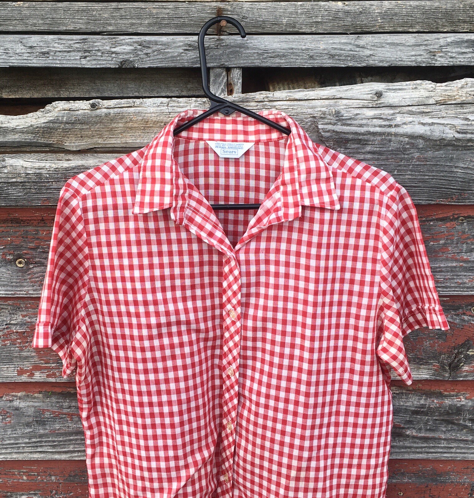 Vintage SEARS Perma-Smooth Red Checkers M Button Up Shirt Blouse Rockabilly Nice