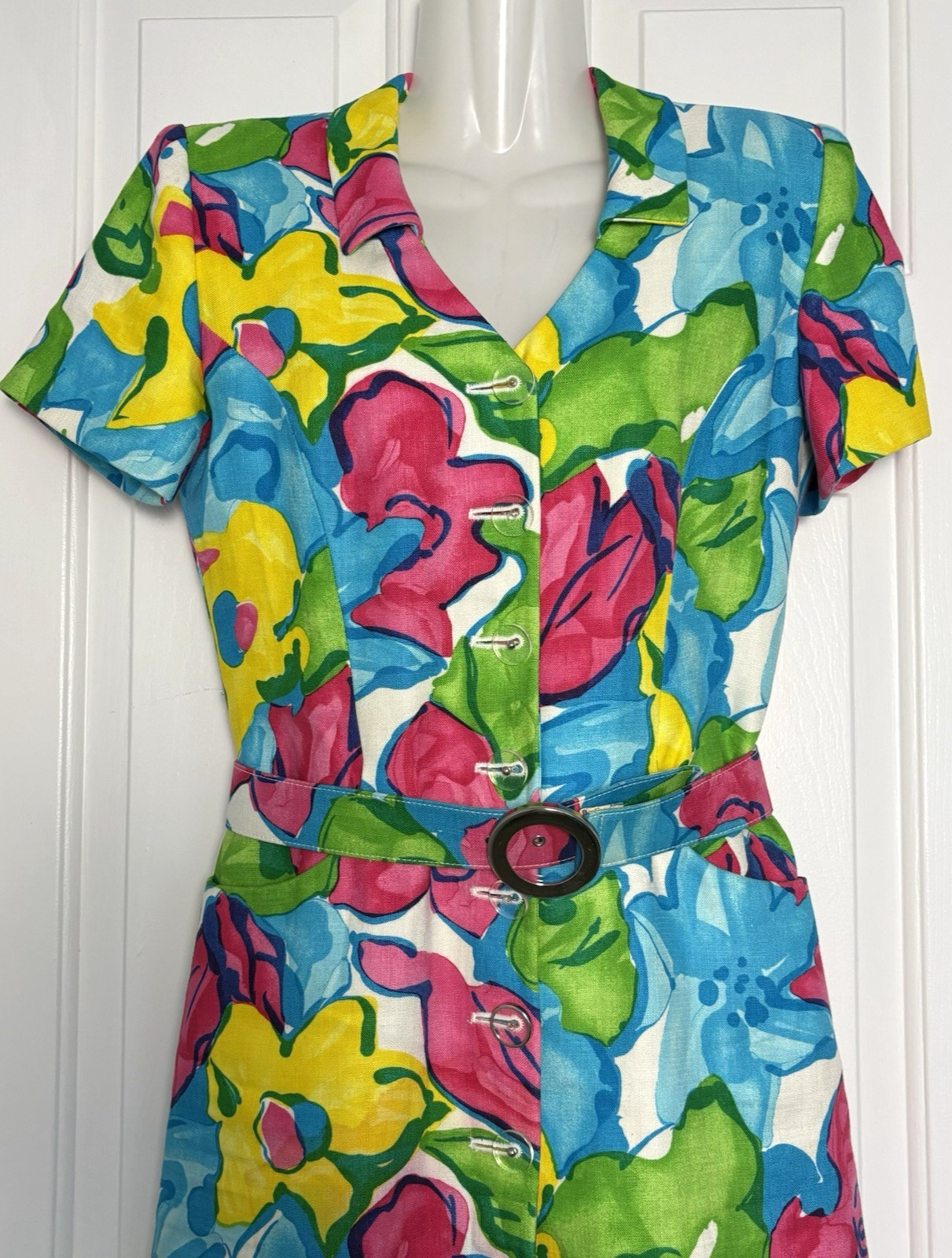 Vtg Luca Luca Italy Linen Sheath Dress Floral Italy 42 US 6 *see measurements