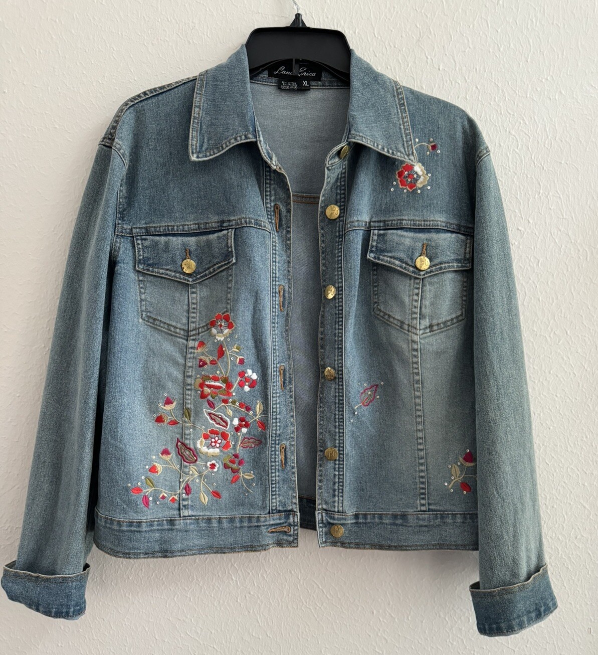 Vintage Lana Erica 3pc set Floral Embroidered jean jacket jeans corset top XL/12