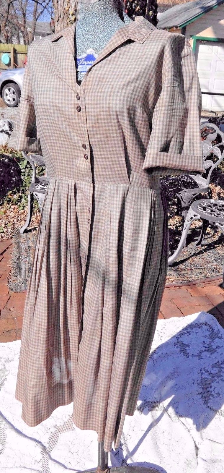 VINTAGE 1950’s – 60’s WESTBURY FULL SKIRT BROWN CHECKED DRESS MEDIUM
