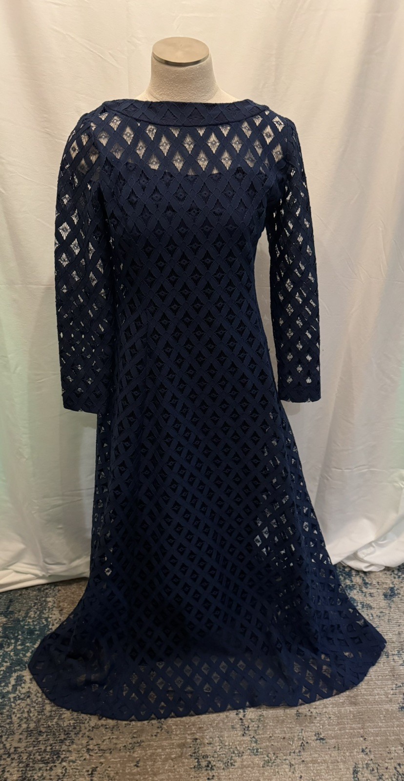 Vintage 1970’s ILGWU Union Made Long Sleeve A-Line Maxi NavyBlue Dress Size 14