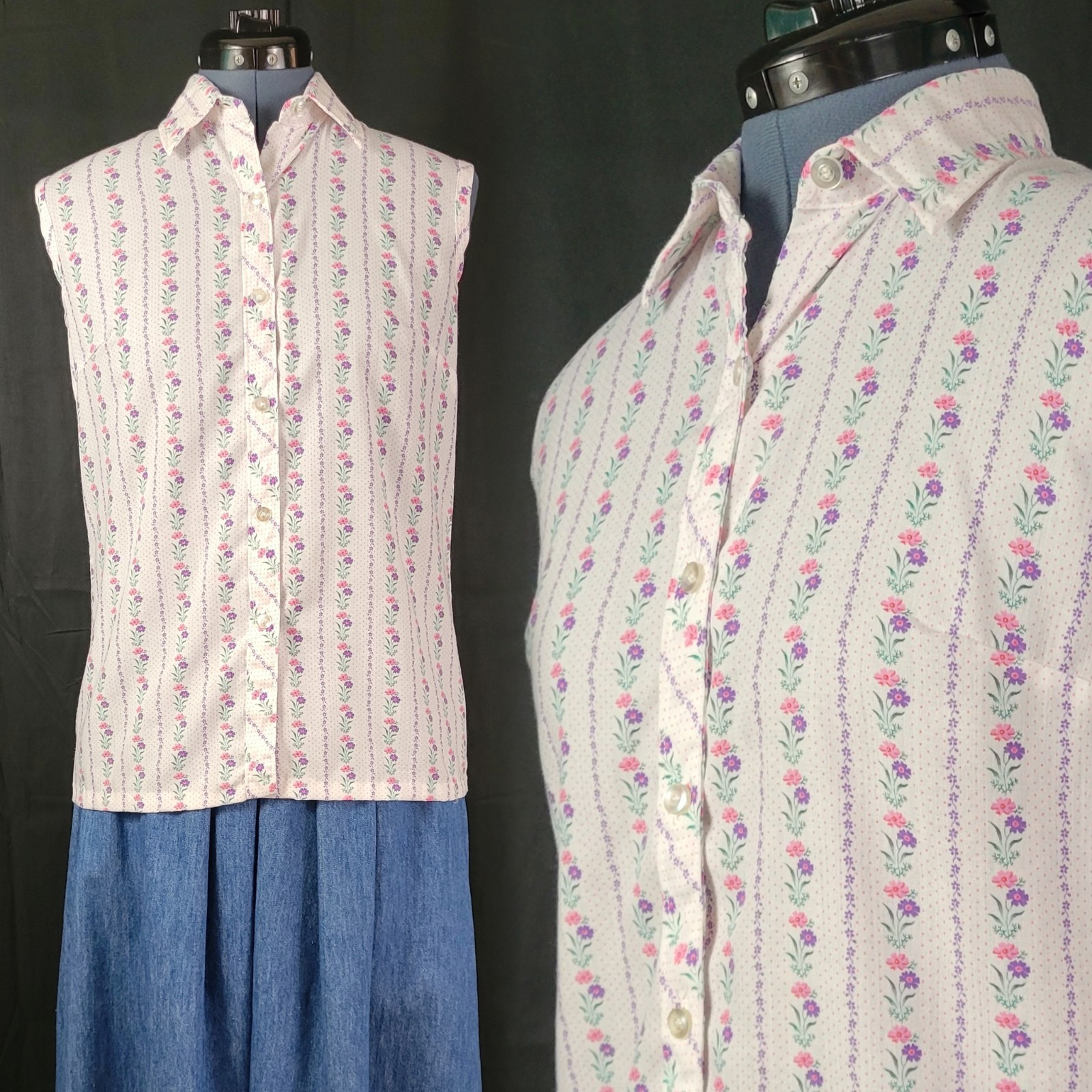 Vintage Miss Fashionality White S/L Top w Pink & Purple Floral Stripes Size 9-10
