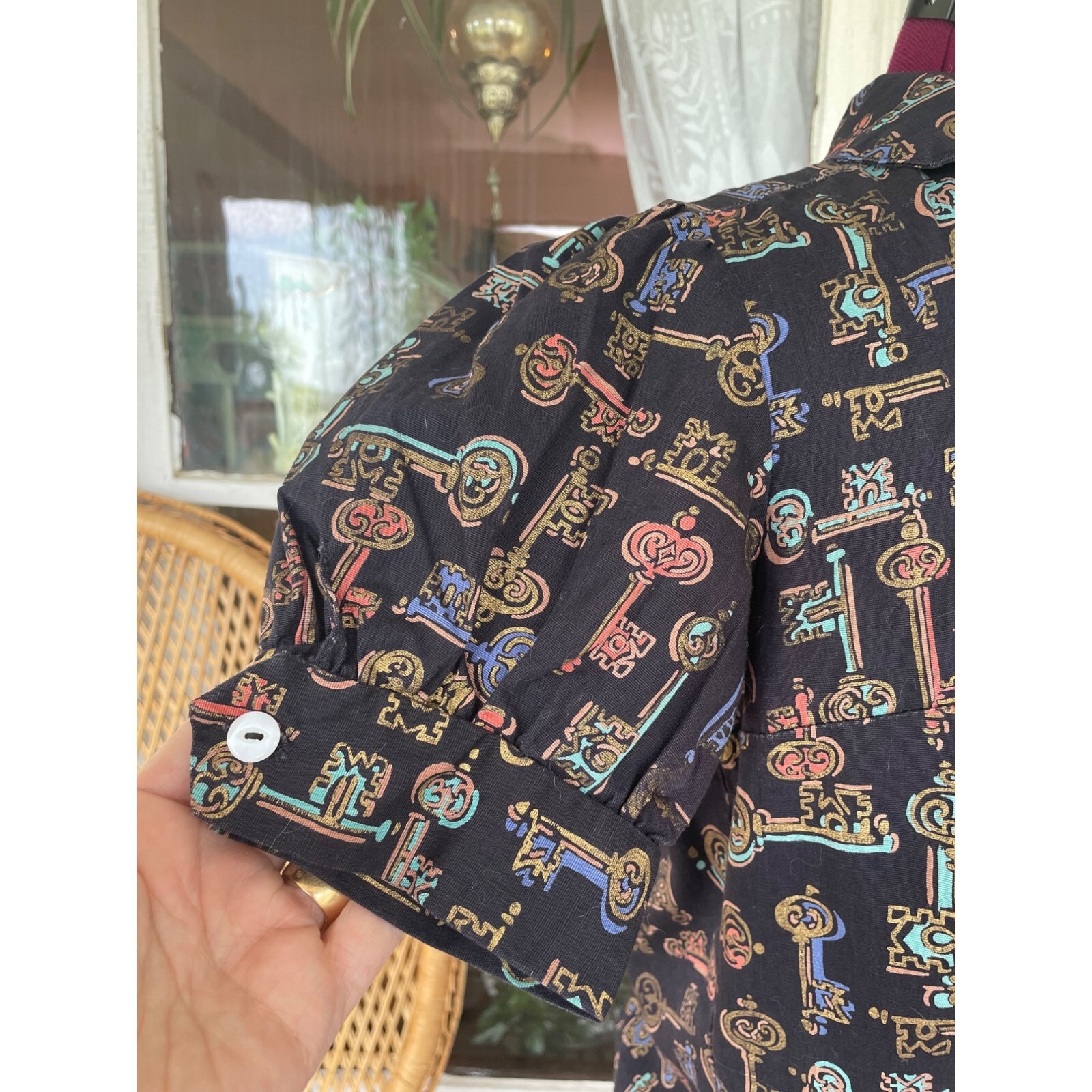 Vintage 1960s Skeleton Key Print Blouse With Puff Sleeves Black Grosgrain Size S