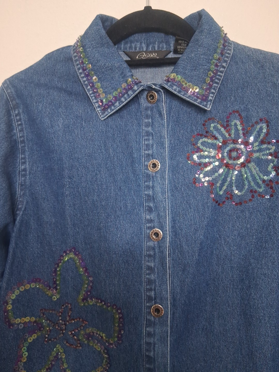 Vintage Agapo Floral Sequin Beads Denim Shirt Festival Artsy Retro 90’s Petite M
