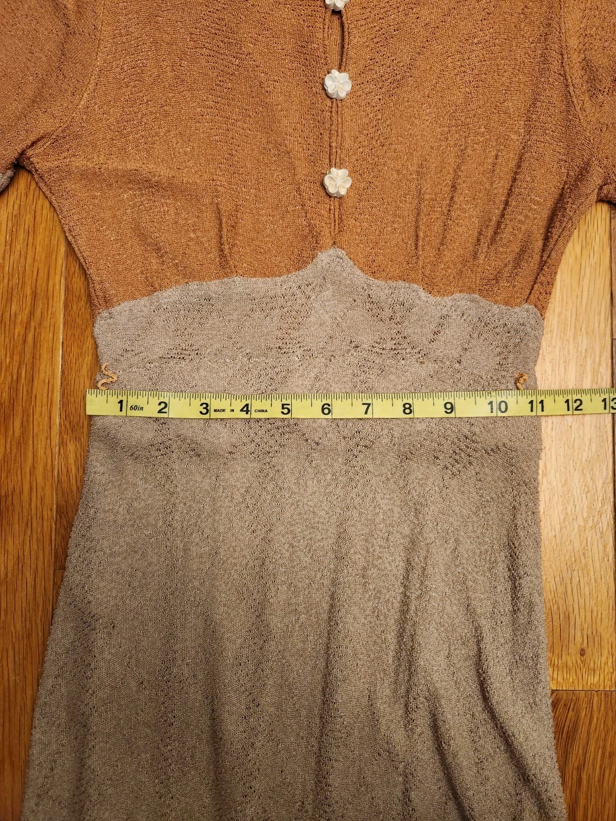 Vintage 1930s Two Tone Tan Knit Rayon Dress S