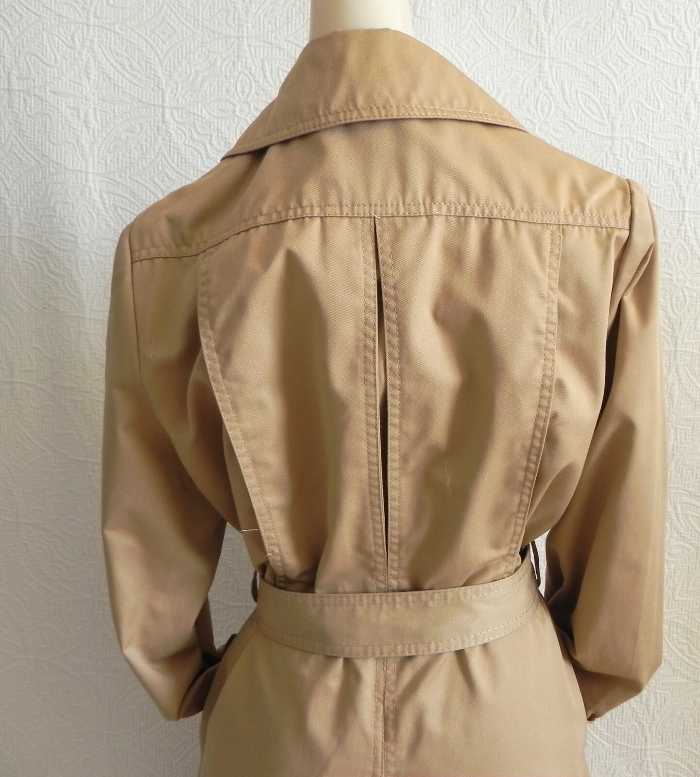 Vtg Made in Japan Trench Coat Khaki Midi Belted Pockets Cotton Blend Size S