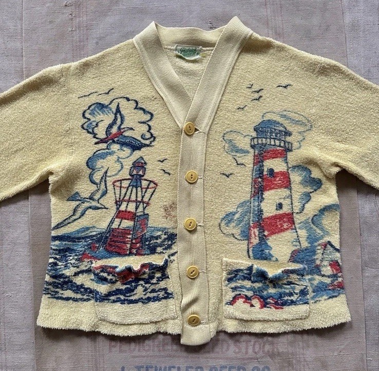 Vintage 1940s 50s Seascape Novelty Graphic Terry Cloth Cardigan Women’s XS S