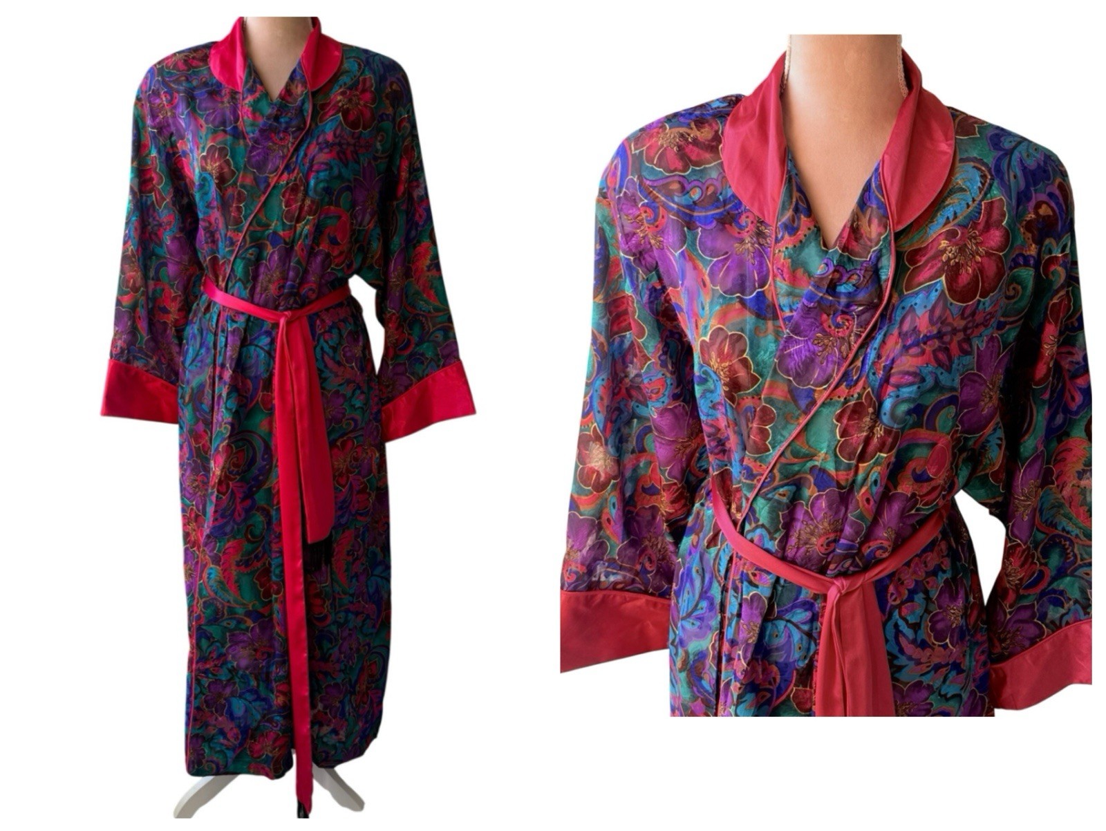 Vtg Victorias Secret Gold Label Paisley Long Robe Pink Satin Trim Fringe Glam S