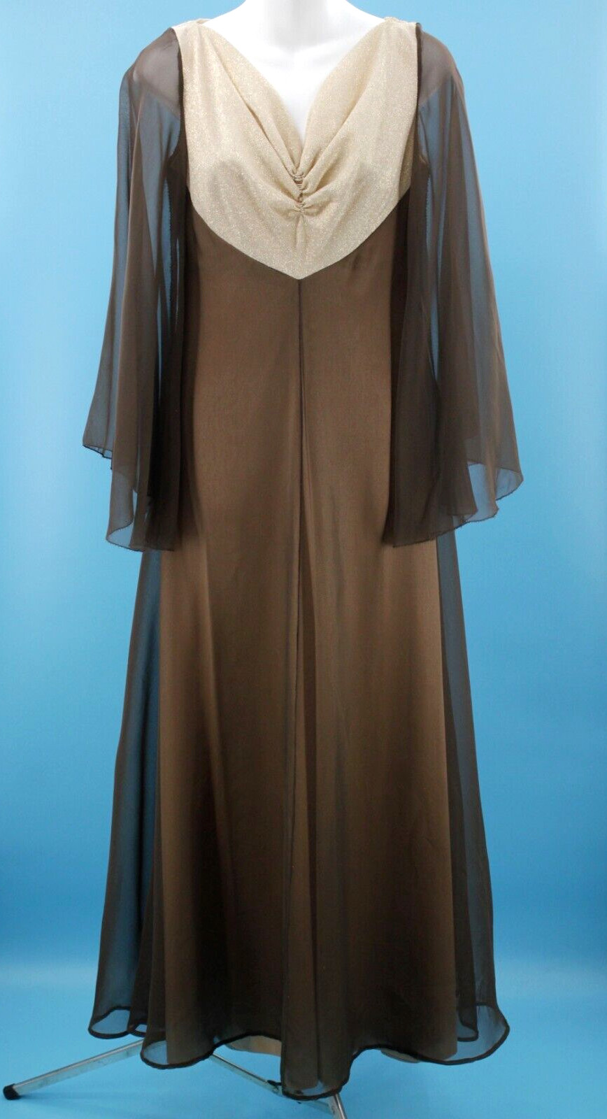 Vtg Women’s 60s 70s Brown & Gold Sheer Sleeve Maxi Dress Sz XS/S 1960s 1970s