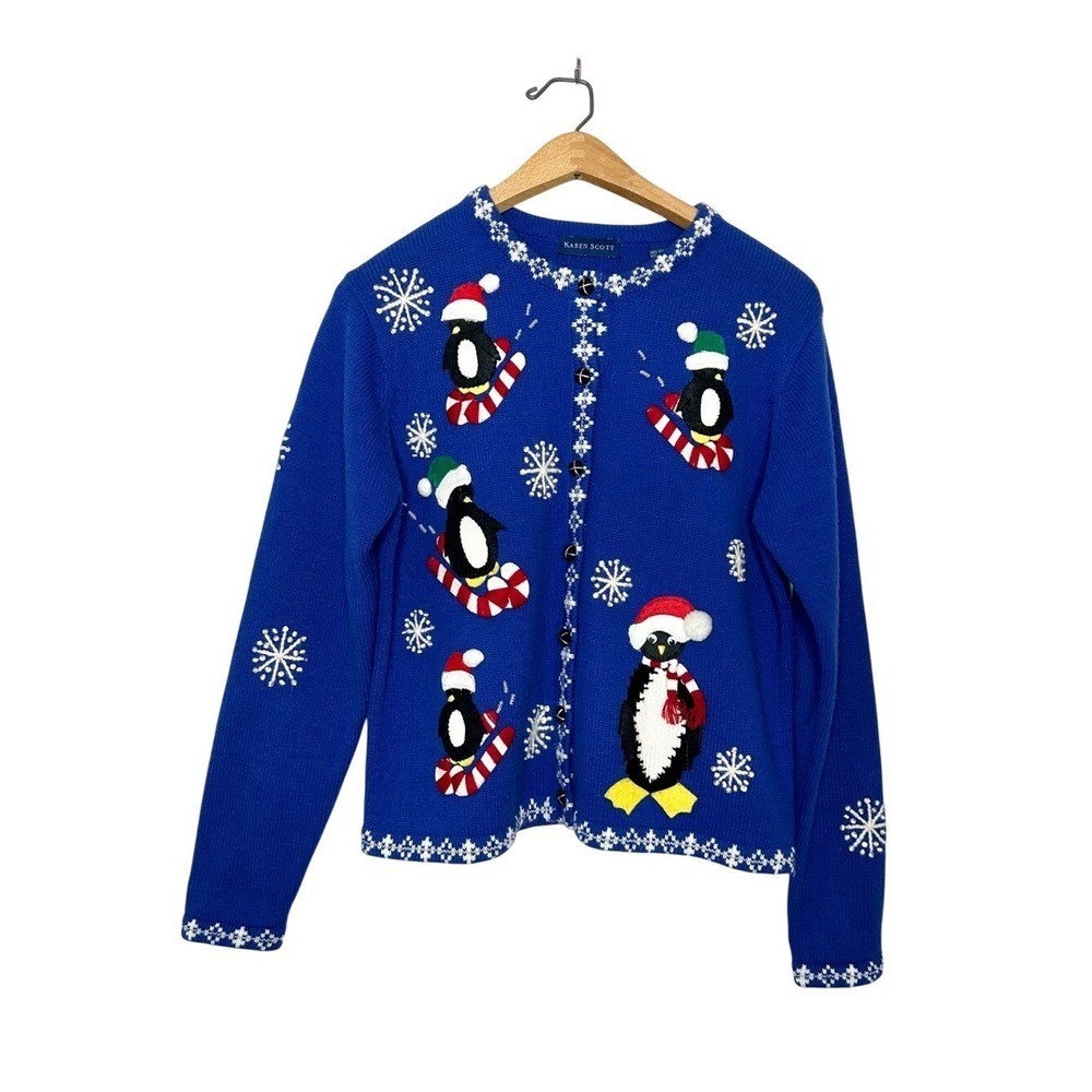 Vintage Karen Scott Ugly Christmas Holiday Penguin Embellished Knit Sweater S