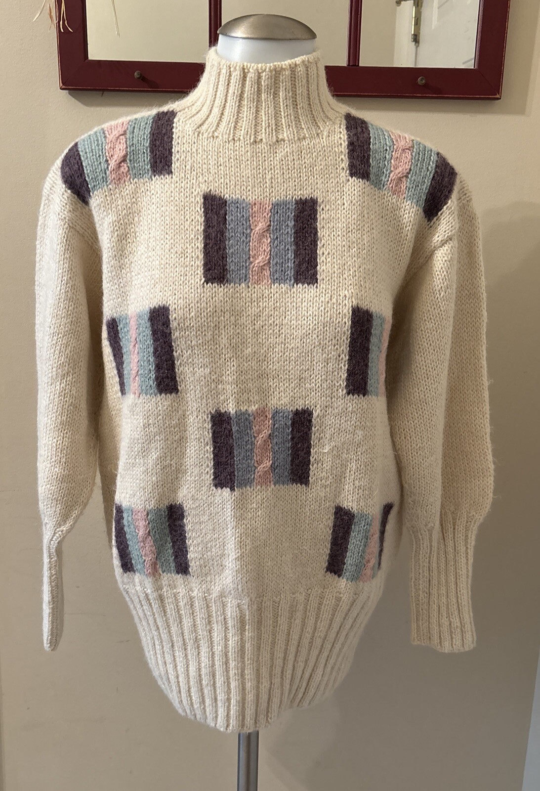 Roberta Frost Hand Knitted ALPACA Mock Neck Sweater M Cream W/ Pink Purple Green