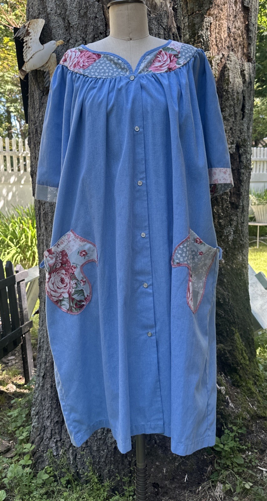 Herbcraft 80s Blue W/ Pot Holder Pockets Floral Accents READ House Coat Size 2X