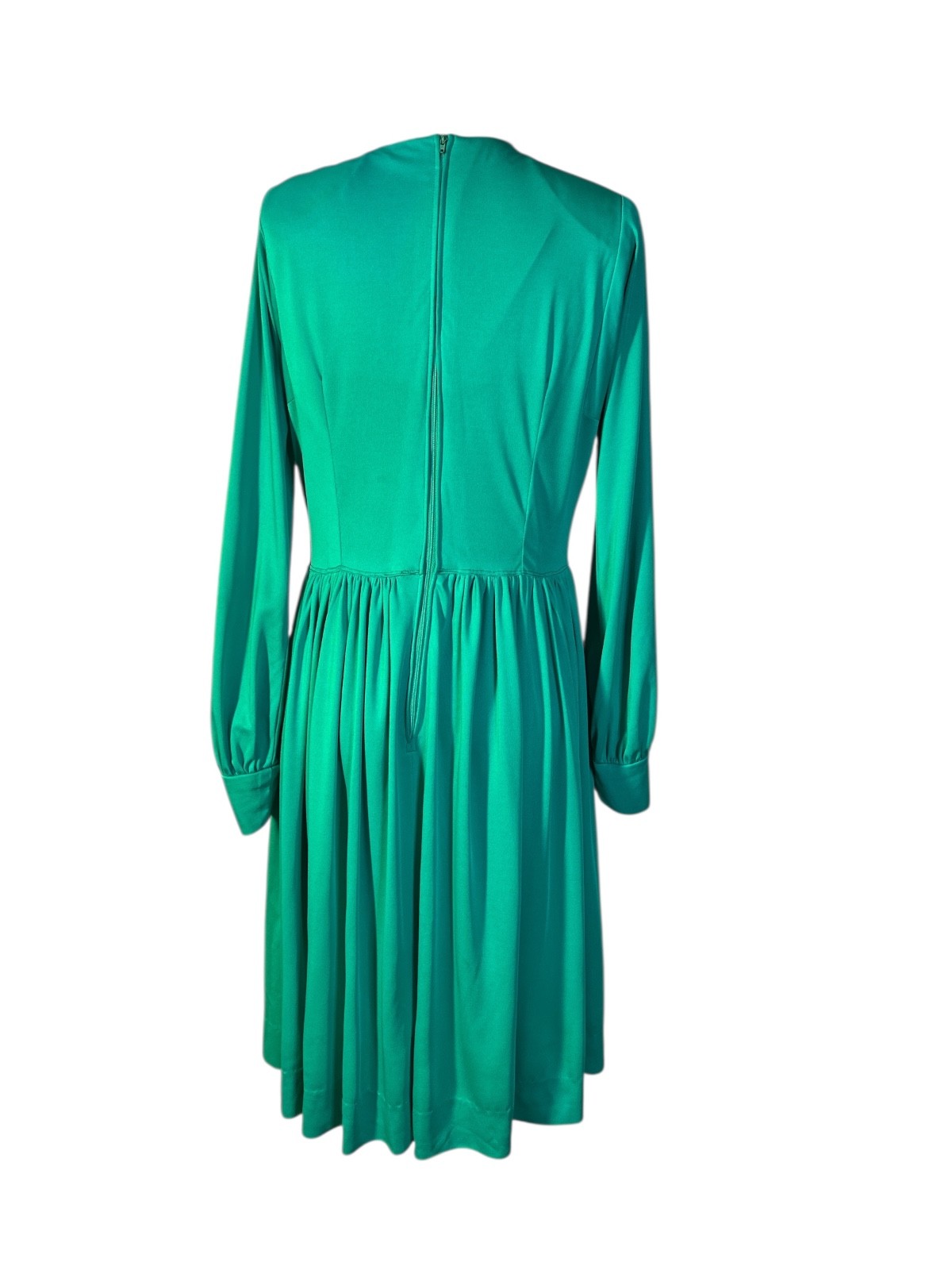 Womens Vintage 70’s Green Secretary Disco Dress Pleated Keyhole Tie Holiday M-L