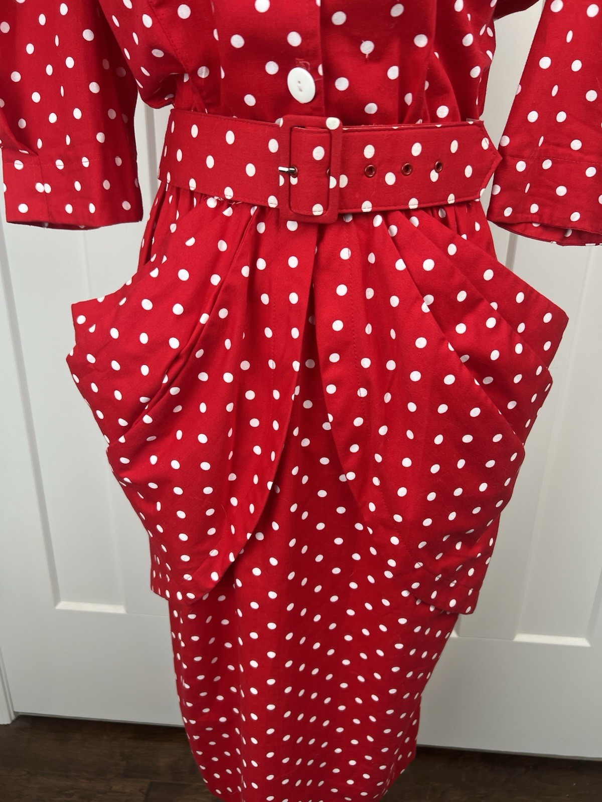 Vintage Choon California Red White Polka Dot Dress Belted Tulip Bubble Pocket 12