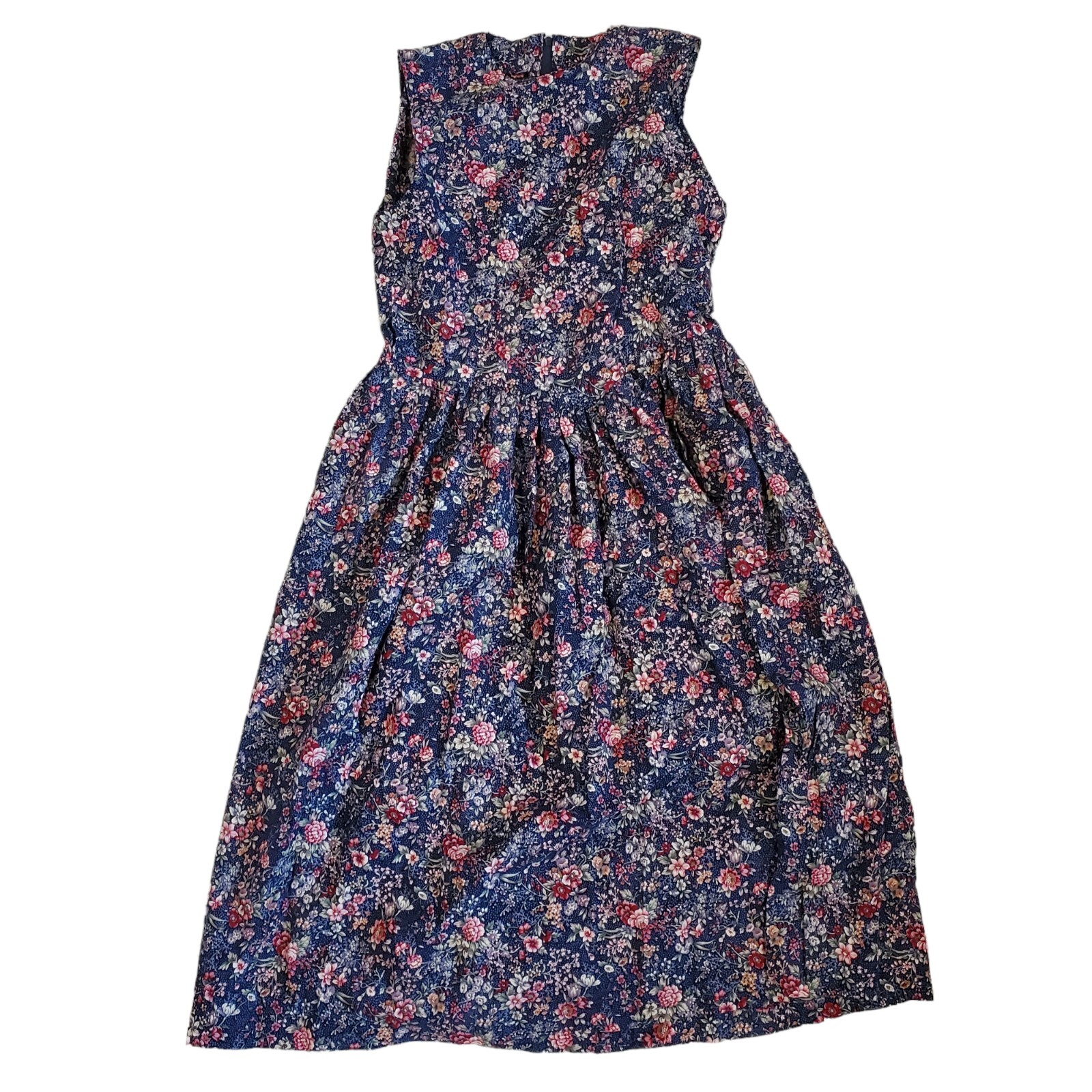 Vintage Prairie Dress XS Ditsy Floral Midi Navy Blue Sleeveless Cottage Core
