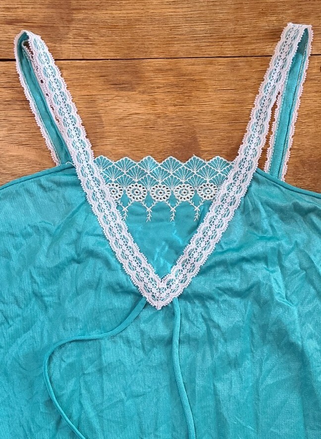 Vtg Sexy Nightgown Full Length Aqua Blue Nylon Lace Ribbon Straps Goddess Sz S