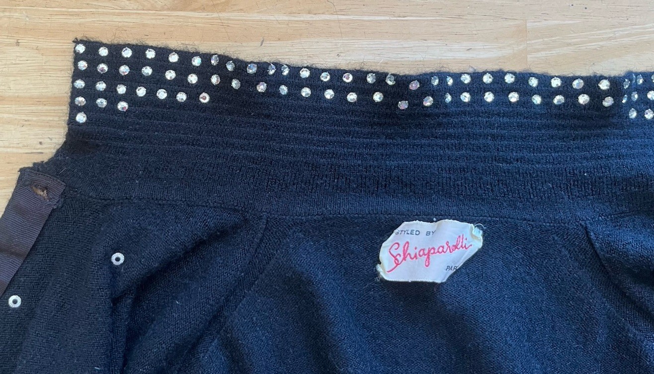 Vintage 1950s Schiaparelli Paris Knit Crystal Rhinestone Cardigan Sweater Sz S/M