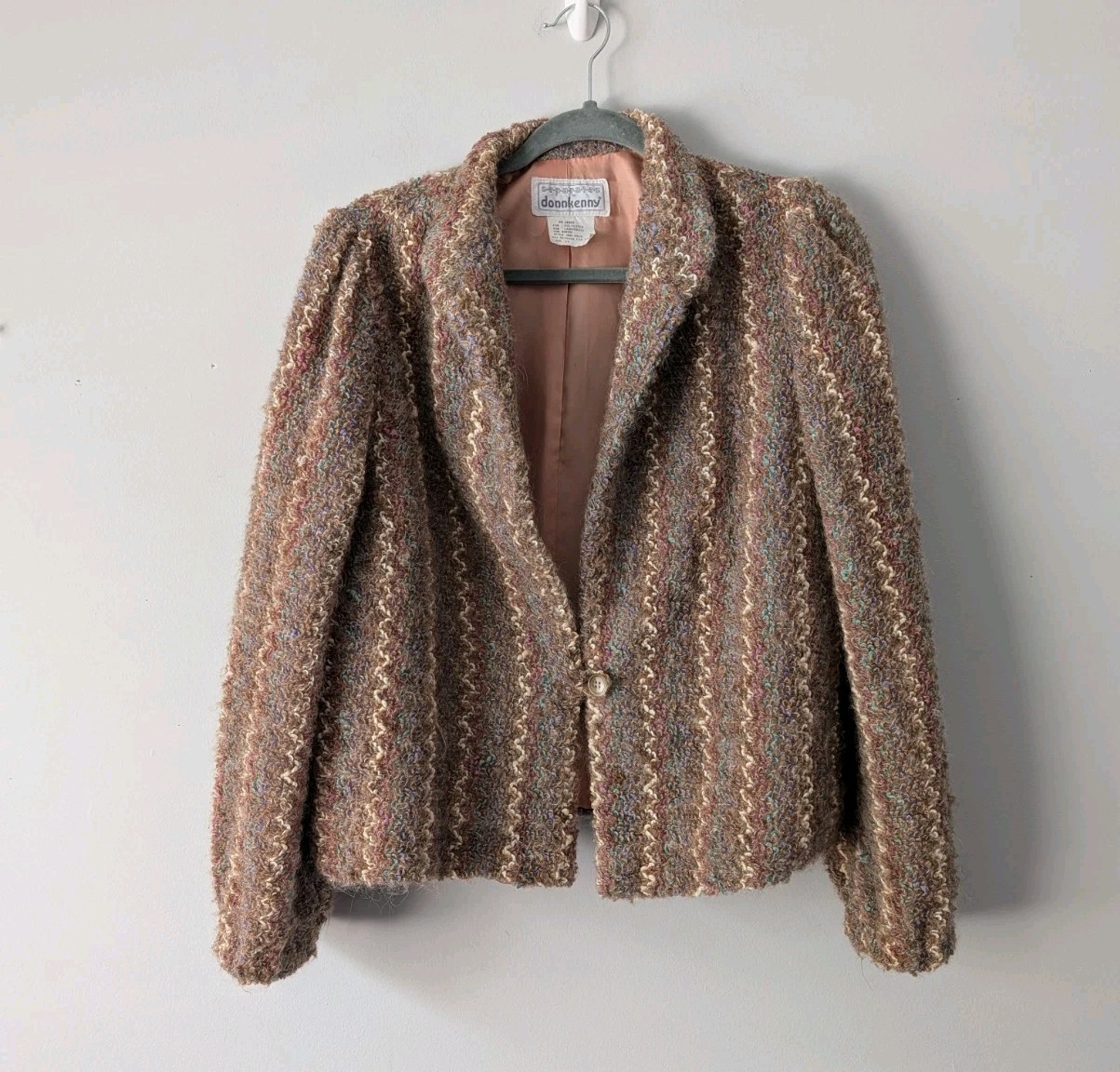 Vintage 80s Donnkenny Textured Bouclé Blazer Sz 14 Tan Striped Jacket Lambswool