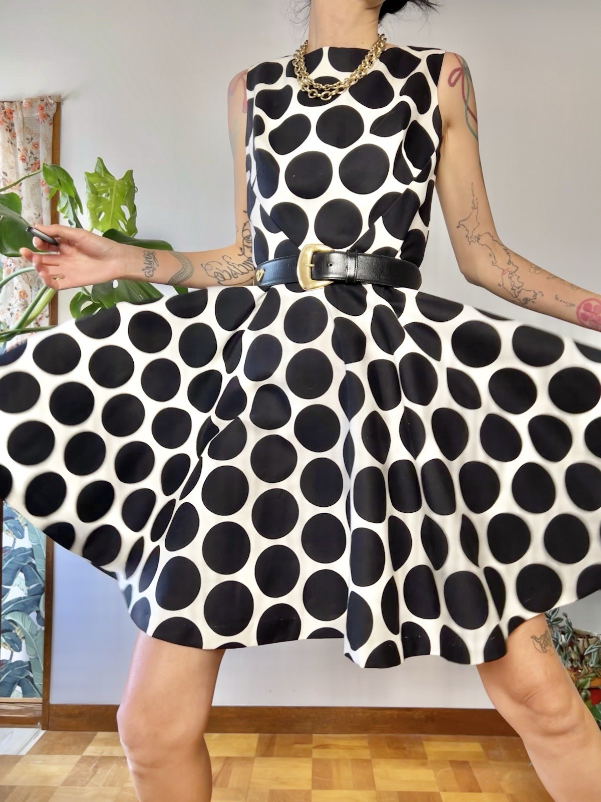 VTG 60s does 50s SABA CA Polka Dot Circle Skirt Dress Bullet Bust Mod S/M