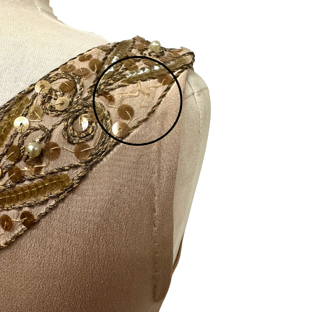 Vintage 1930s Draped Beige Sequin Hollywood Glamour Art Deco Evening Gown