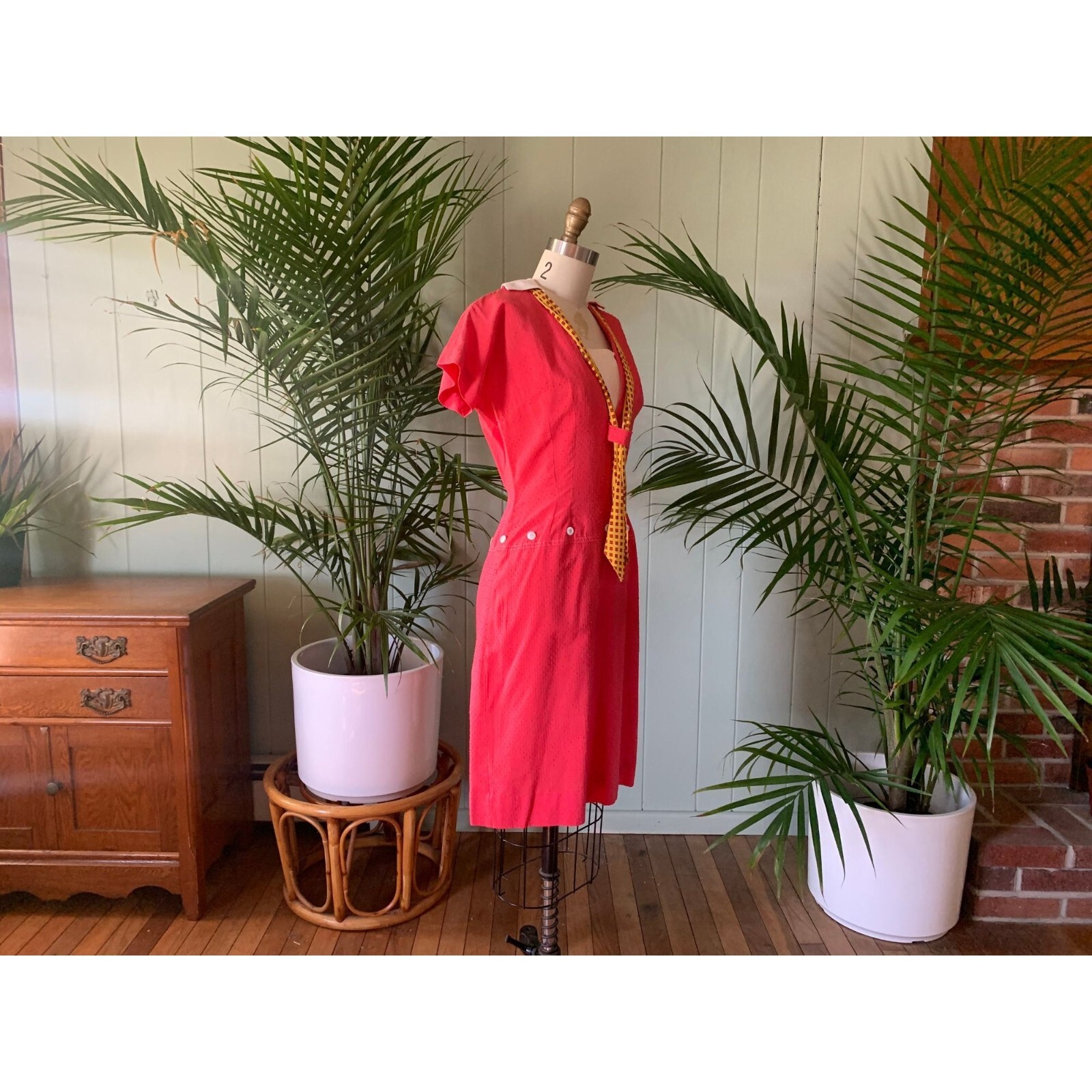 Vintage 1960s Red Dotted Swiss Cotton Dress White Collar Yellow Red Scarf