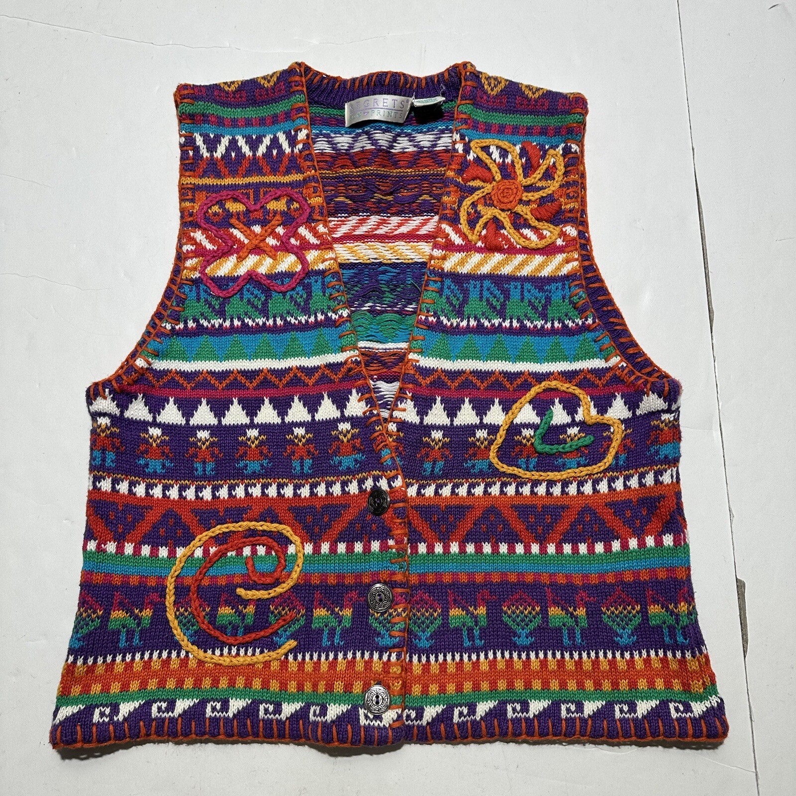 Vintage Knit Sweater Vest Womens M Segrets Sun Prints Aztec Print 3D Embroidery