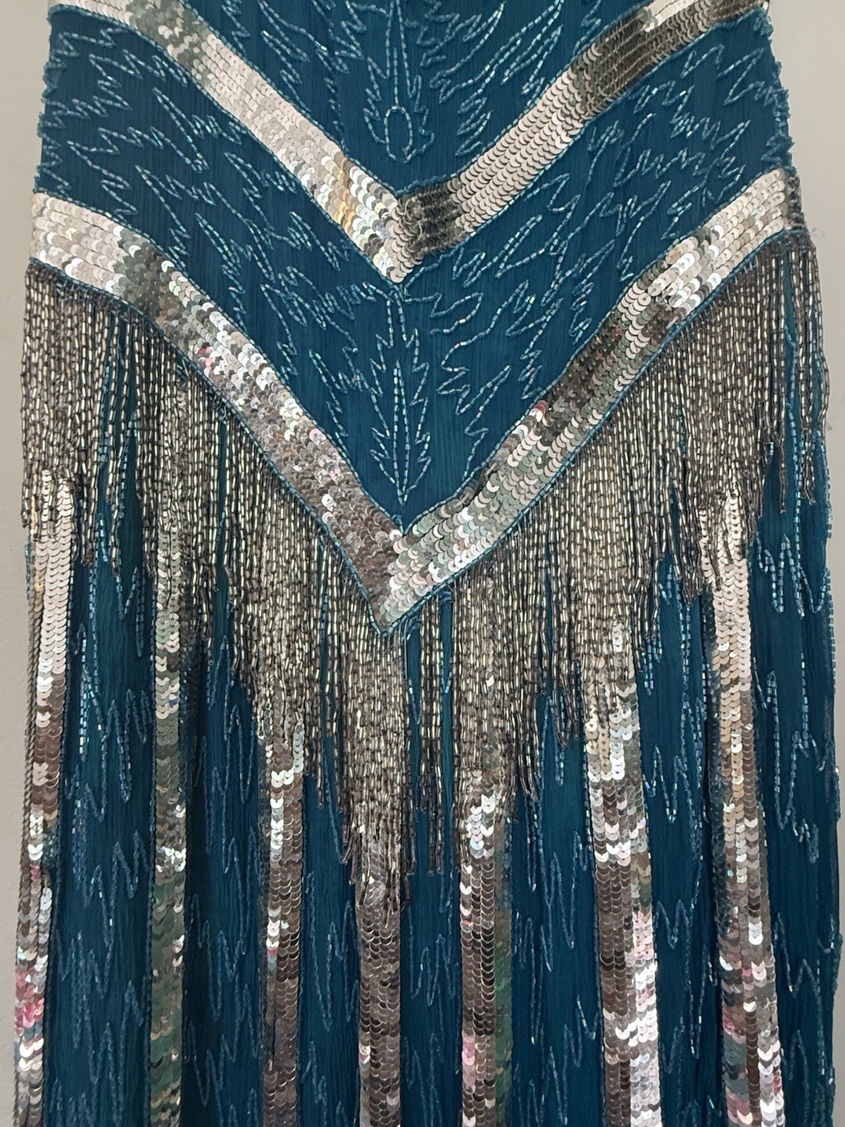 Vice & Versa Silk Beaded Sequin Fringe Dress, Blue/Silver, Size S