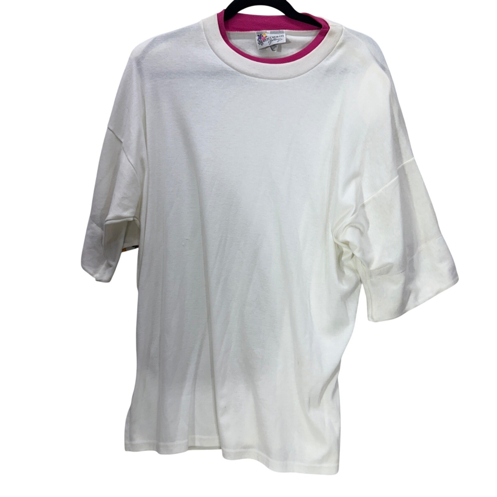 Vintage Wentworth Gallery White Pink Floral Trim T-Shirt Made in USA Size 40 LXL