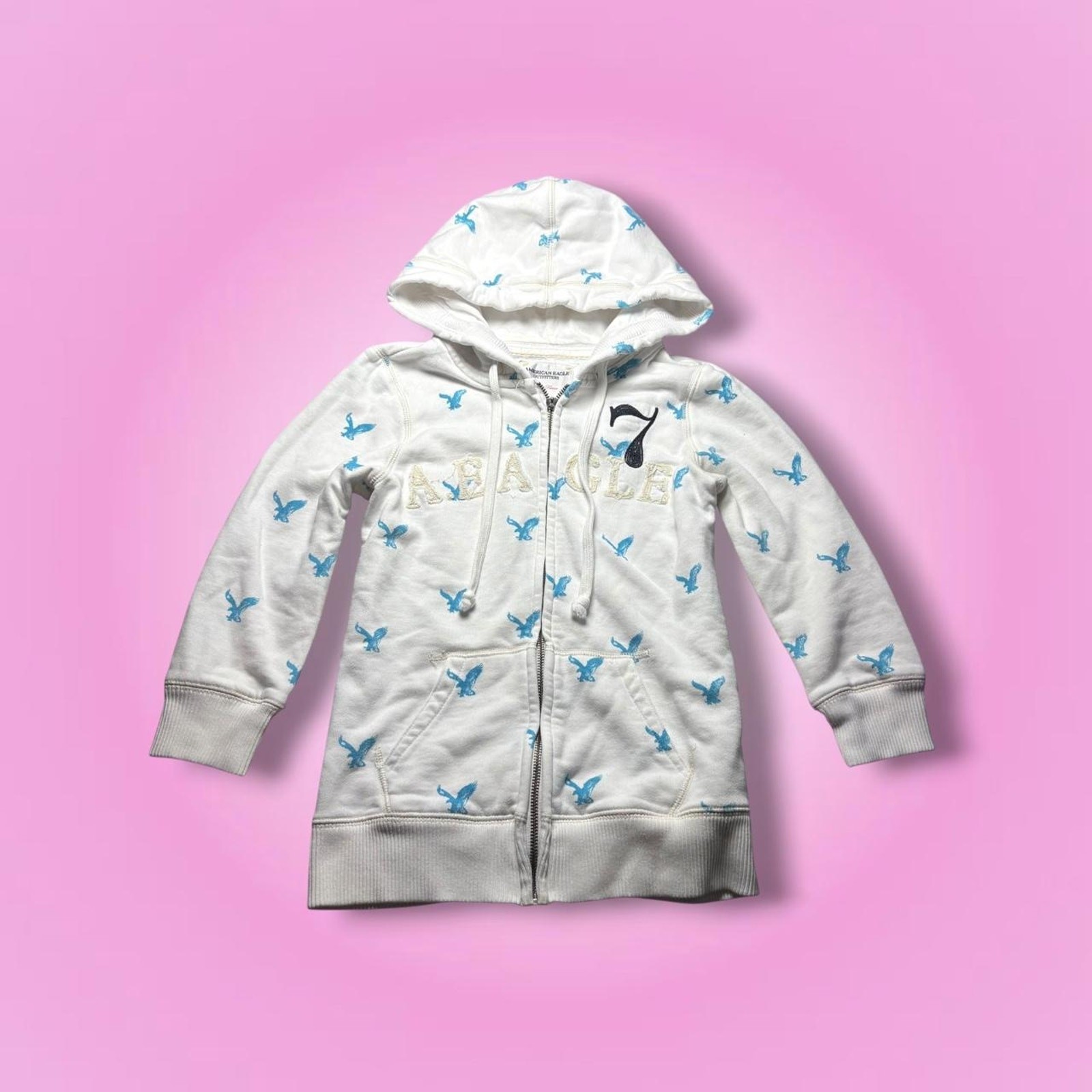 Y2K Fitted American Eagle White & Blue Eagle Print Zip Up Jacket