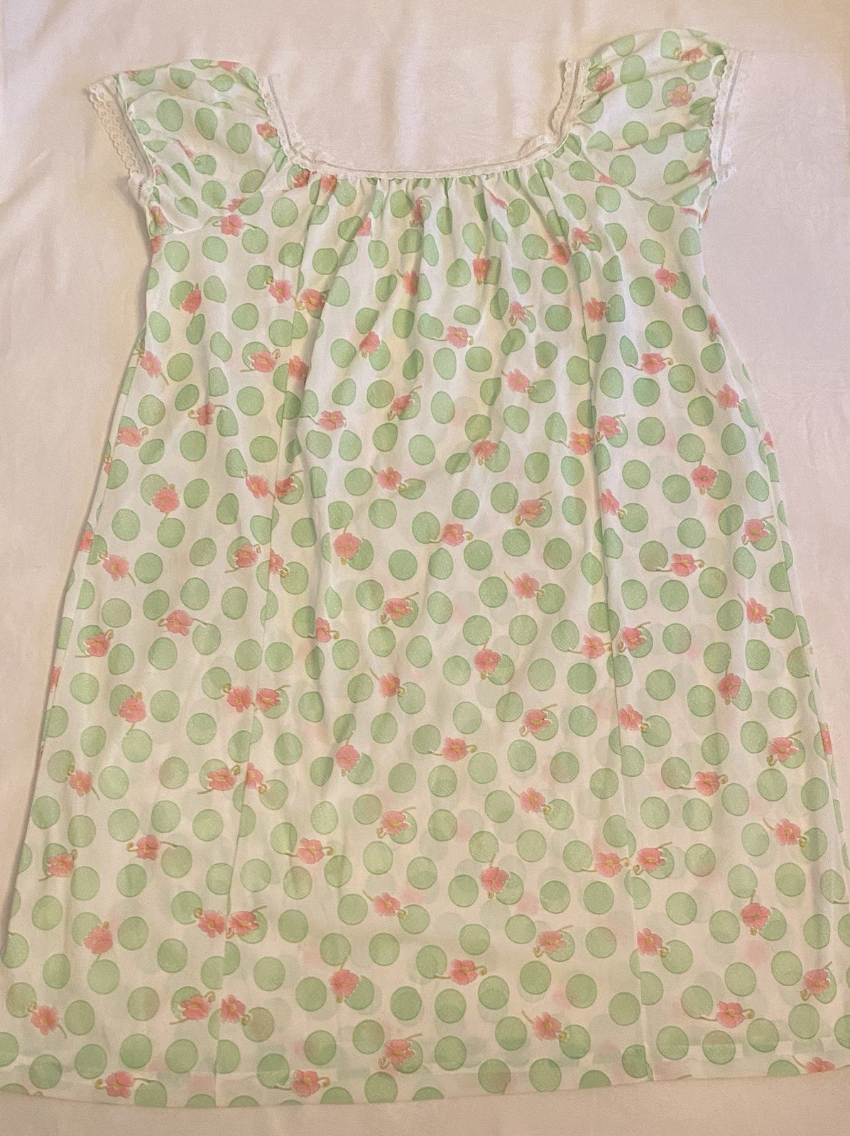Vintage Nylon & Lace Babydoll Nightgown Size XL Nightie Lingerie Green and Pink