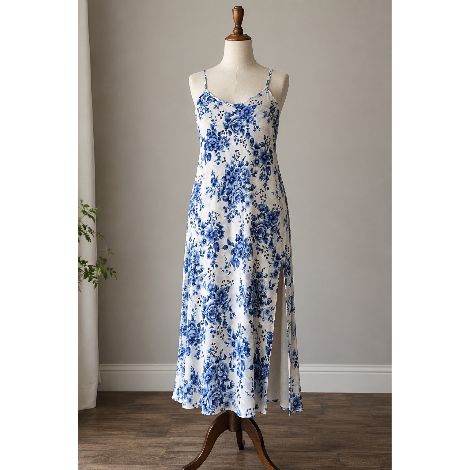 Vintage Victorias Secret Blue Rose Floral Slip Dress M Midi Side Slit Y2K Fairy
