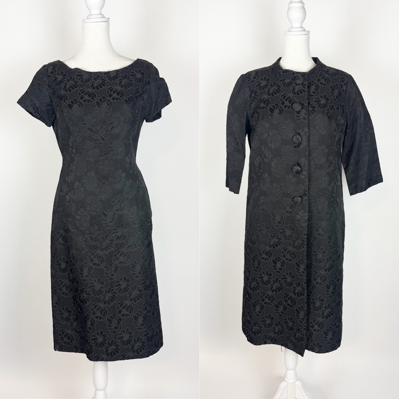 1960s Black Floral Print Dress & Jacket 2 Pc Set NWT