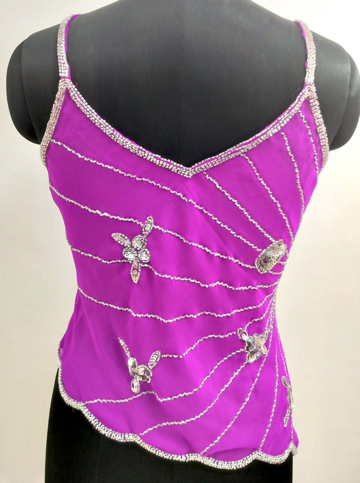 Vintage Y2K Bead Embroidery Costume Sequin Top Blouse Sheer Purple Silver Tunic