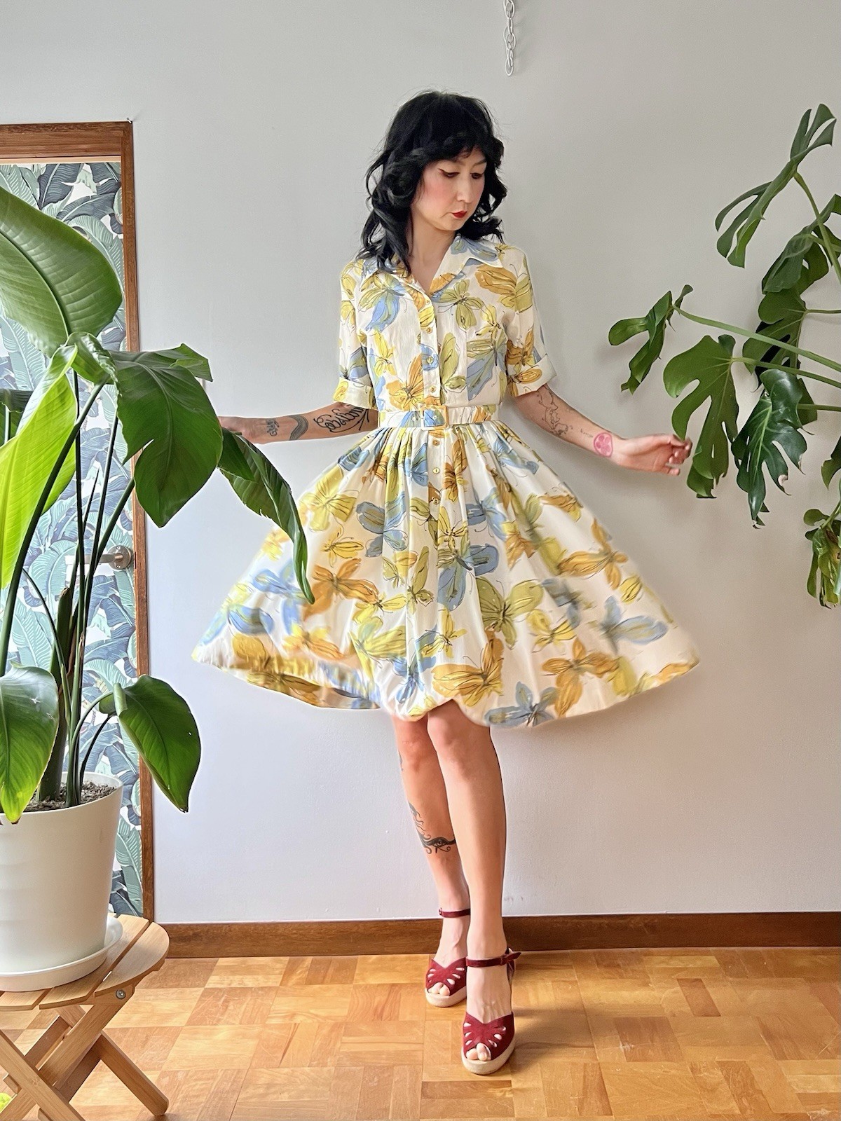VTG 50s Westbury Butterfly Print Circle Skirt Day Dress XS S Mad Man Rockabilly