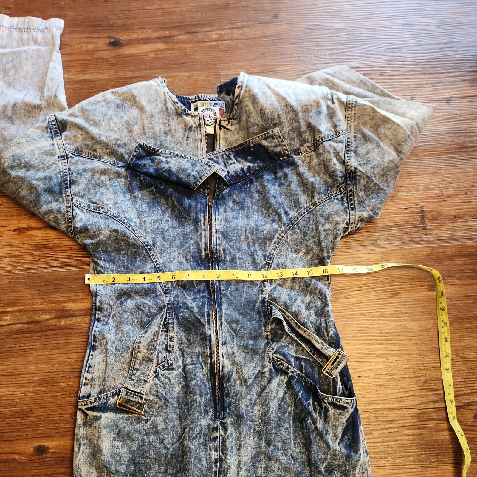 Vtg 80s ZIP UP ACID WASH LONG SLEEVE DENIM DRESS SIZE 3 Power Suit Hair Band