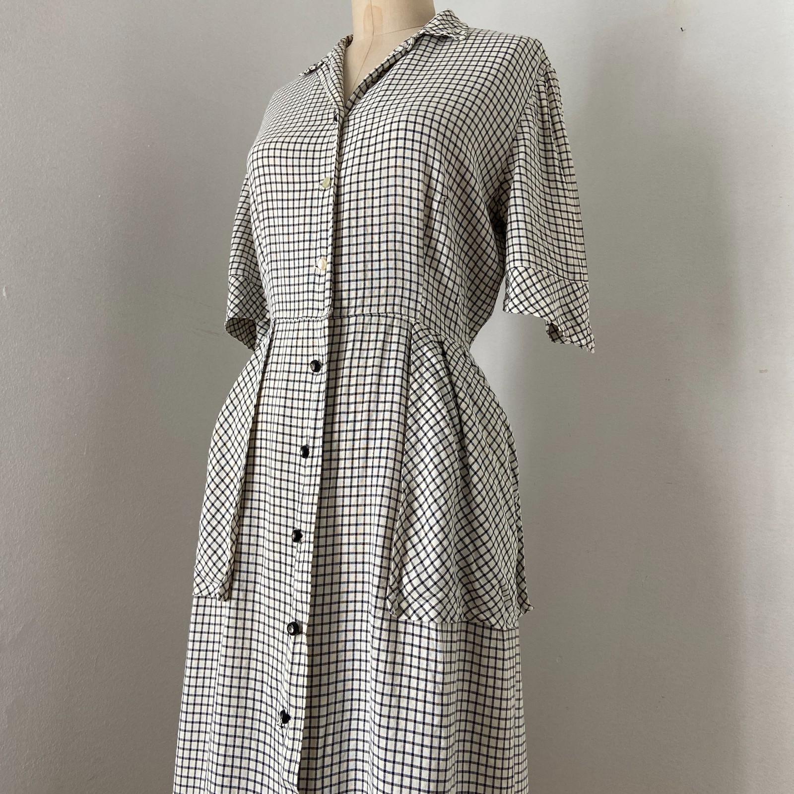 Vintage 1940s 1950s Gingham Cotton Dress Black White Pockets 30 in Waist Large