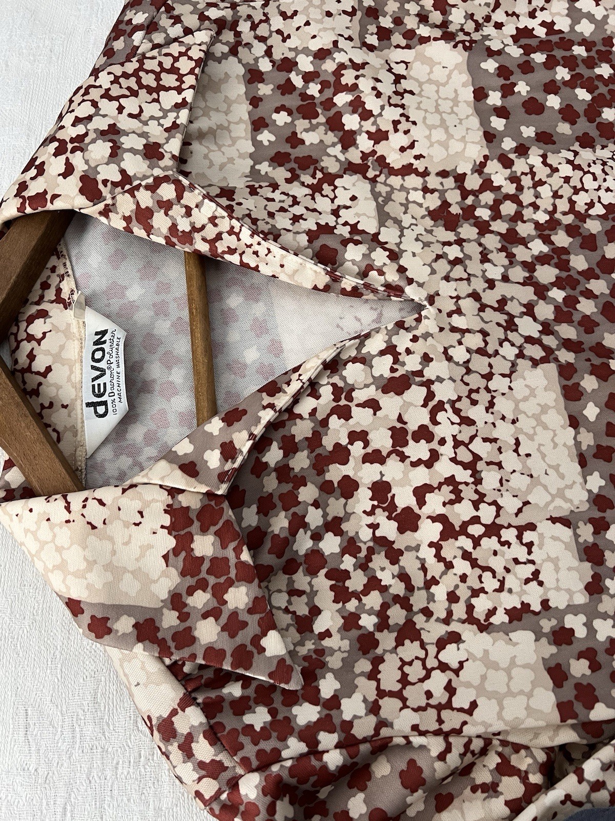 1970s Devon Disco Blouse Geometric Floral Dagger Collar Belted Neutral AOP