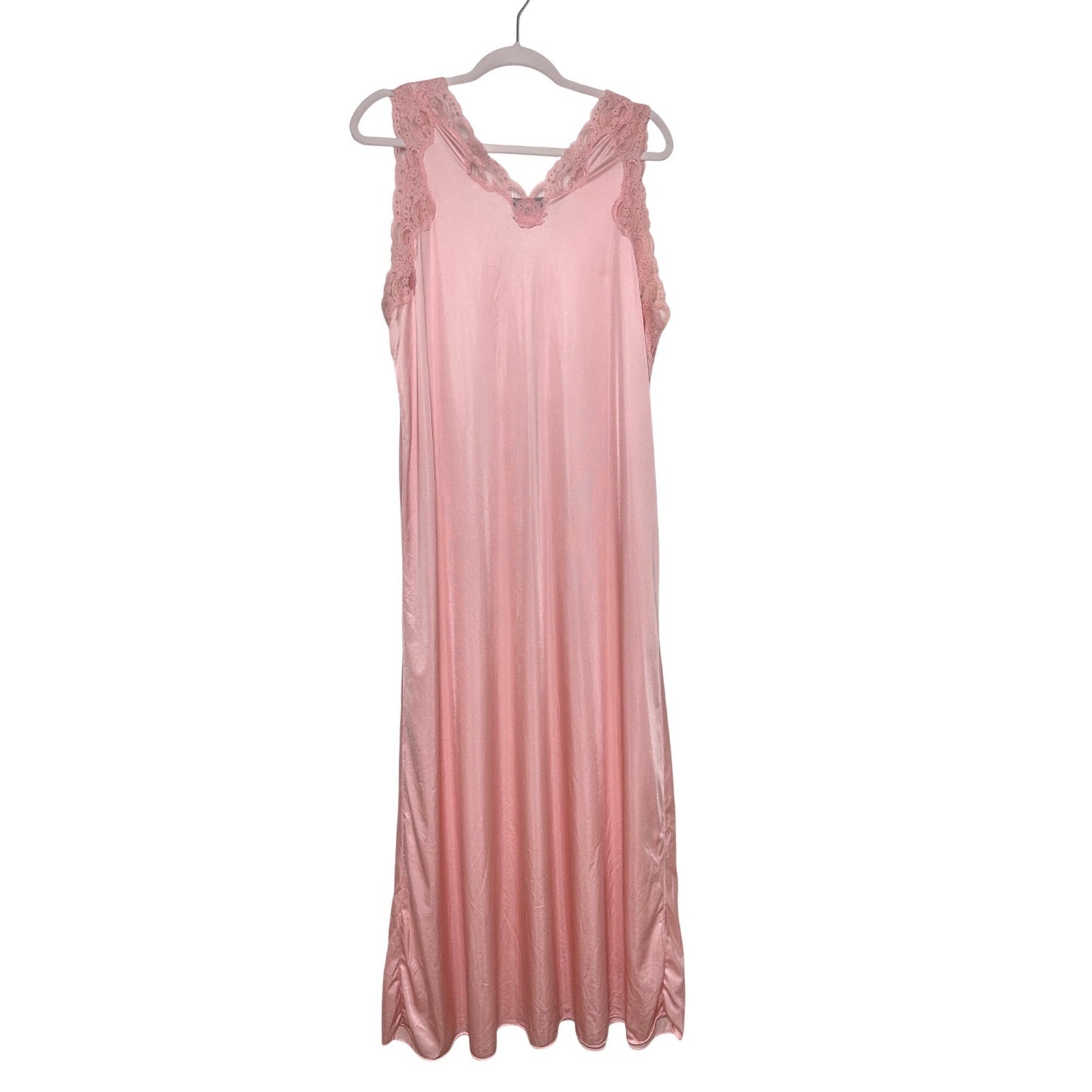 Vintage Sans Souci Lingerie Pink Lace Trim Maxi Nightgown Sleepwear Size M USA