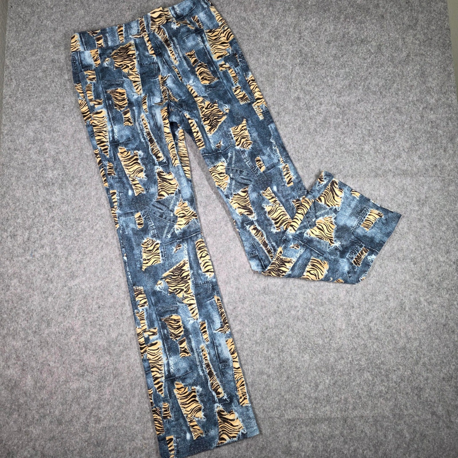 Vintage Isabel Flare Pants Tiger Animal Print Faux Denim Jeans 8 Y2K 90s Grunge