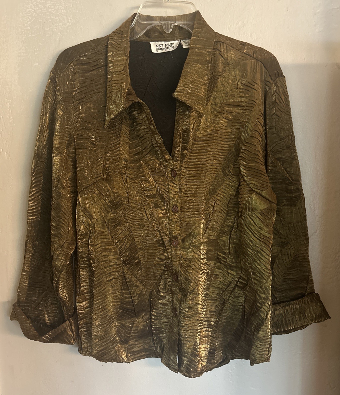 80’s Vintage Selene Sport Blouse Top Animal Print Ruffle Front Cuff XL