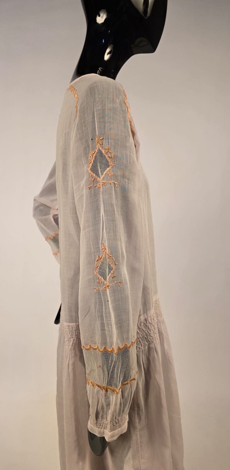 SWEET FLAPPER 1920’S SHEER MUSLIN DRESS W HAND EMBROIDERY + DIAMOND CUTOUTS