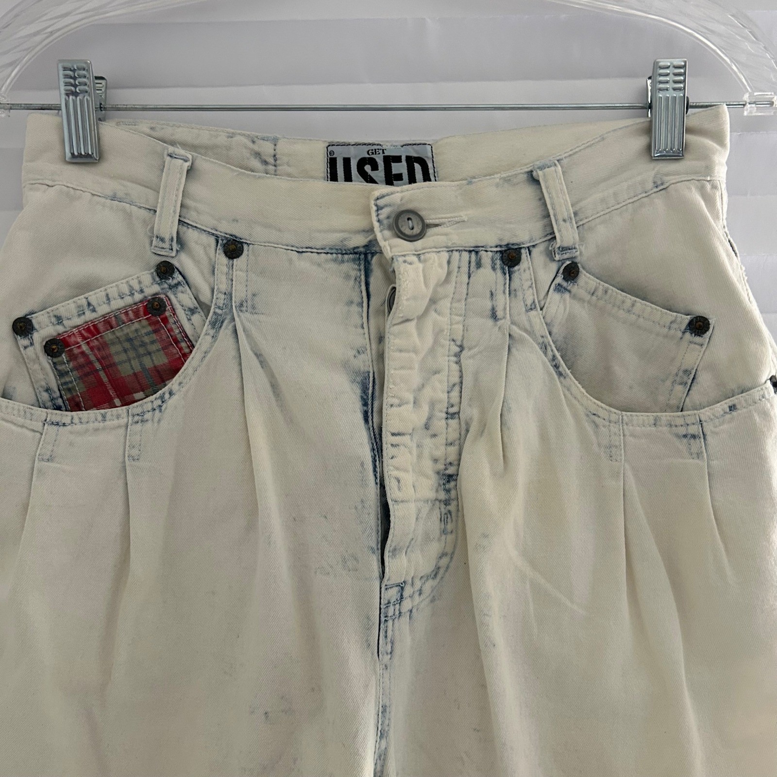 Vintage 90s Get Used by Elie Acid Wash Denim Plaid Trim Crop Top Shorts Set M 28
