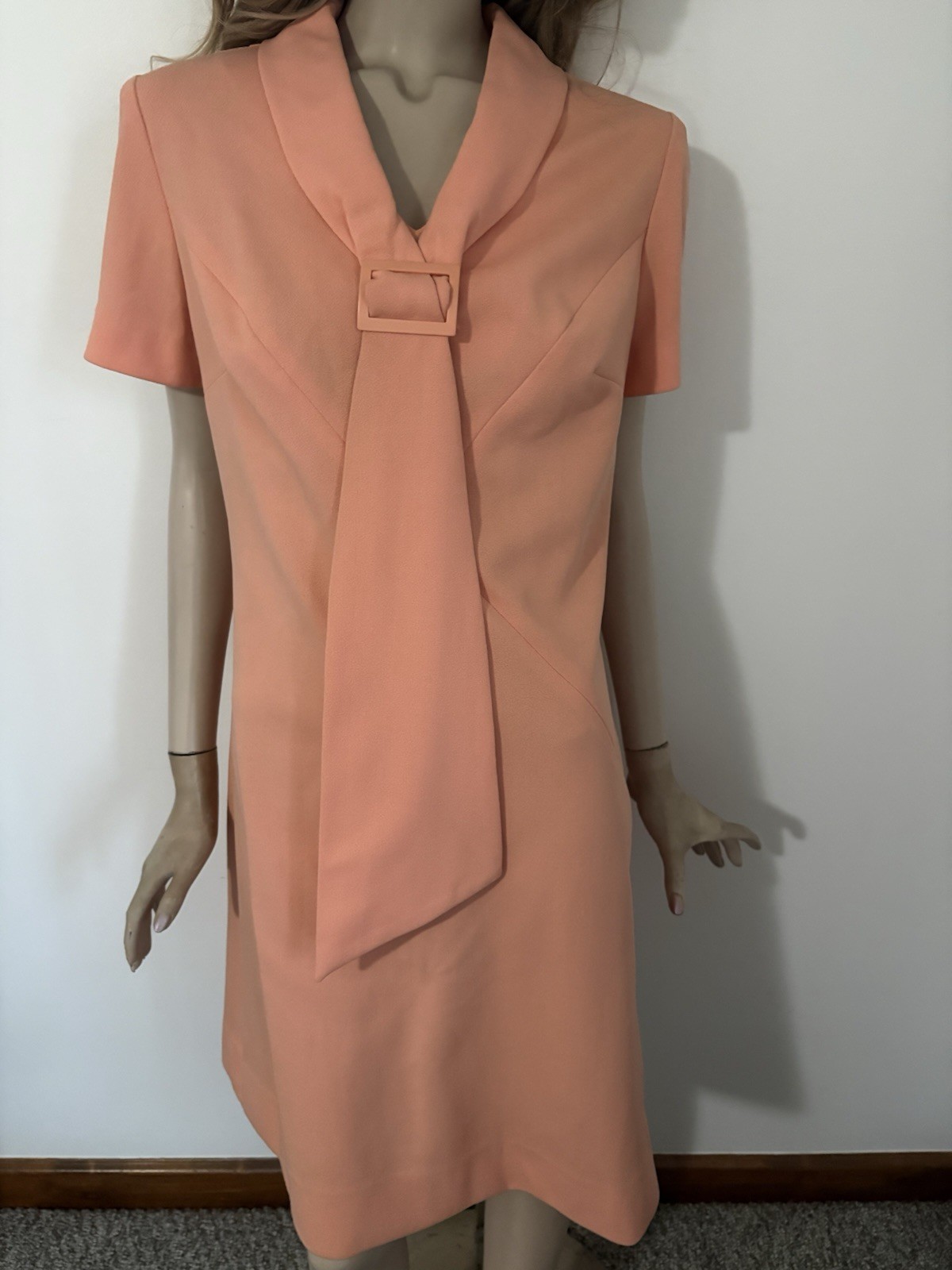 Vintage VOLUP 1960s Peach Sheath Dress w/ Buckle Tie Collar Mod Mad Men Chic