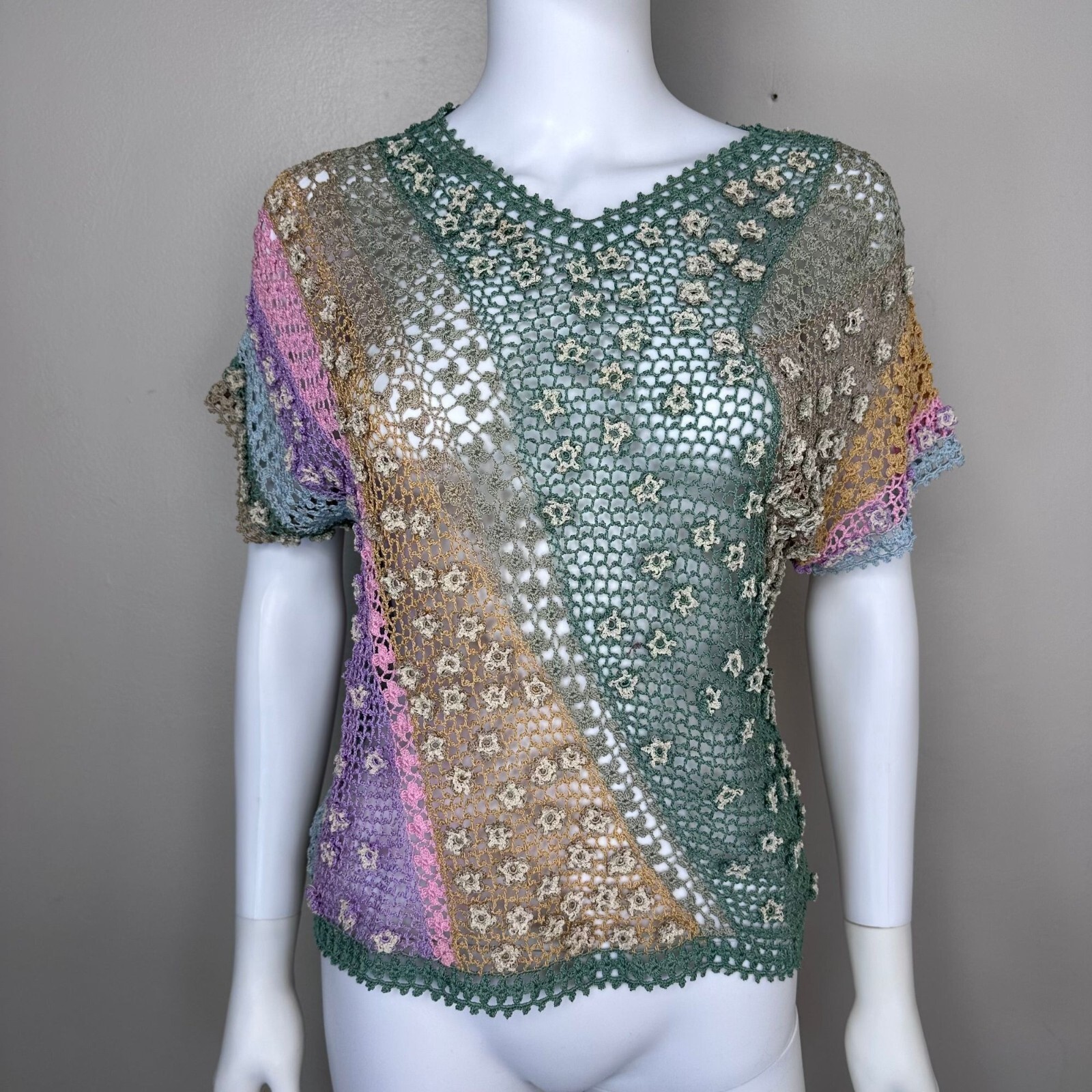 Vtg 1980s 1990s Floral Crochet Short Sleeve Sweater 80s 90s Open Knit Rainbow