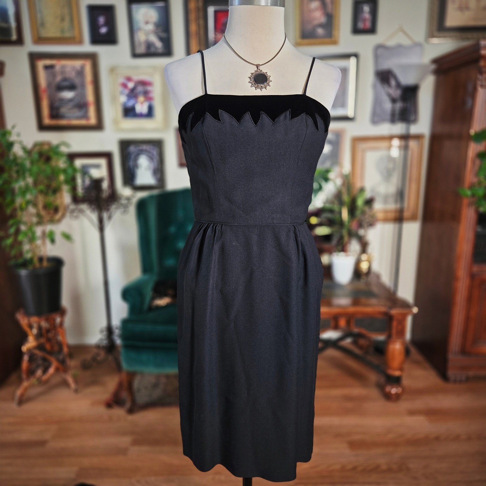Vintage 50s Black Wiggle Dress Pinup Spaghetti Strap Classic Mid Century