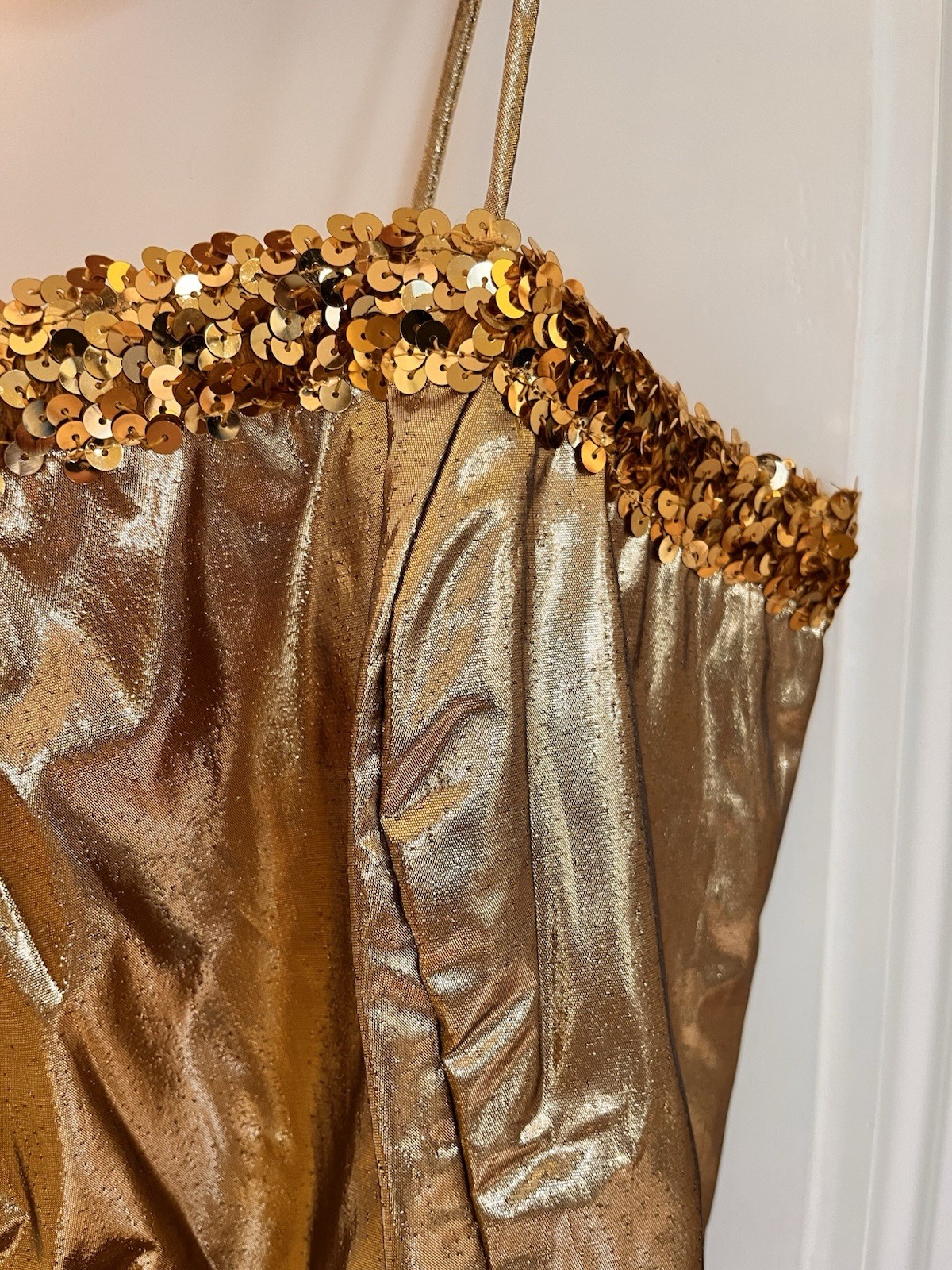 Vintage 80’s JC Penny Gold Lame Gown Party Prom Sequin Spaghetti Strap Dress XS