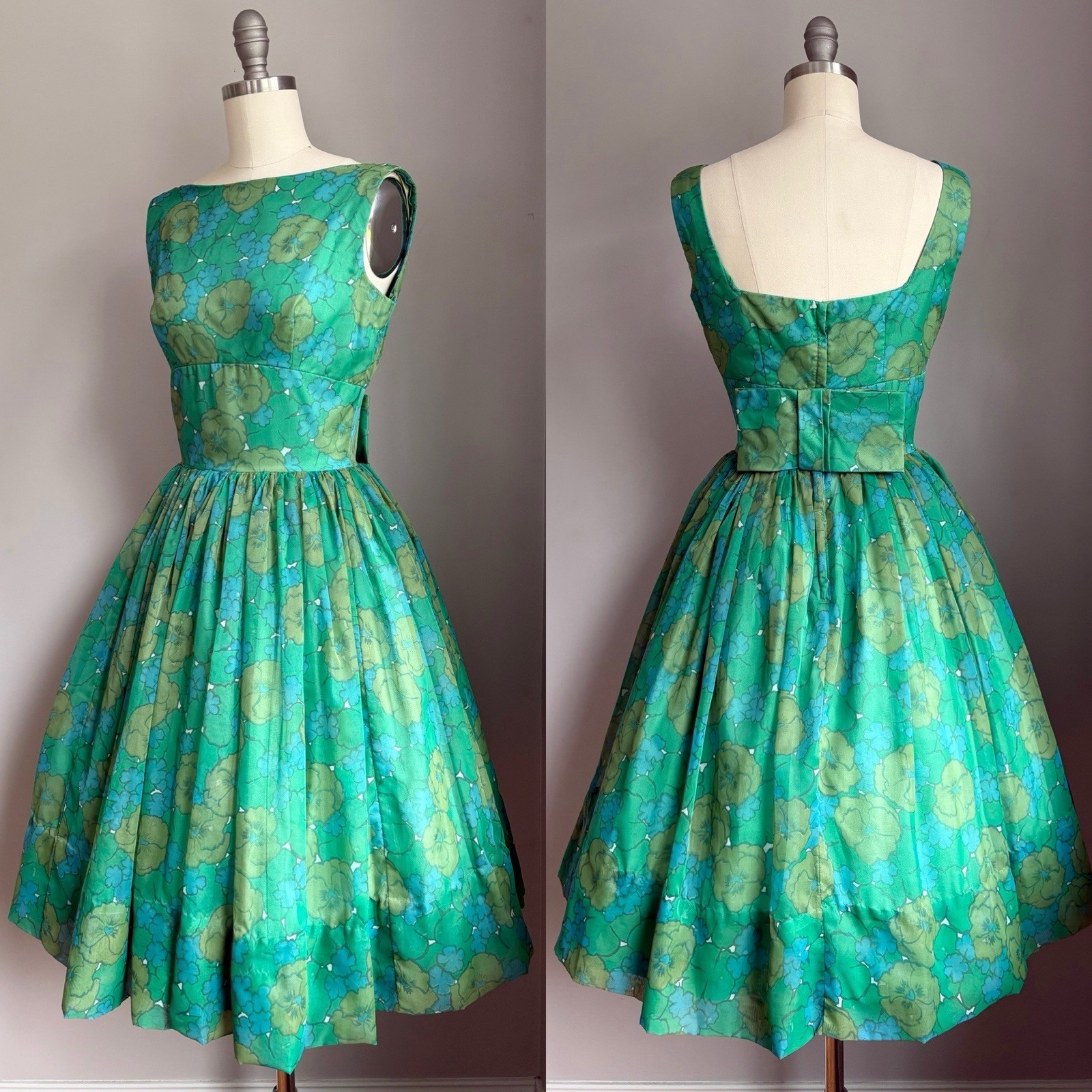 Vintage early 1960’s Blue & Green Floral Chiffon Rockabilly Pinup Party Dress XS