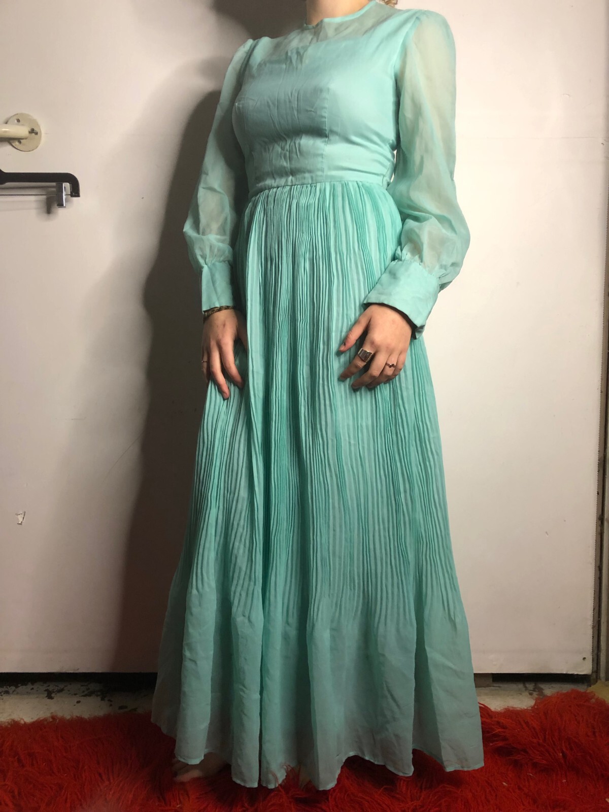 Vintage 1980s Teal Blue Kaftan Dress Chiffon Sleeves Prairie Boho AU 14 16